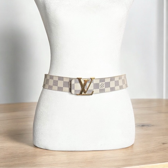 Authentic Louis Vuitton Damier Azur Leather & Gold Buckle Belt 80/32 - Picture 5 of 14